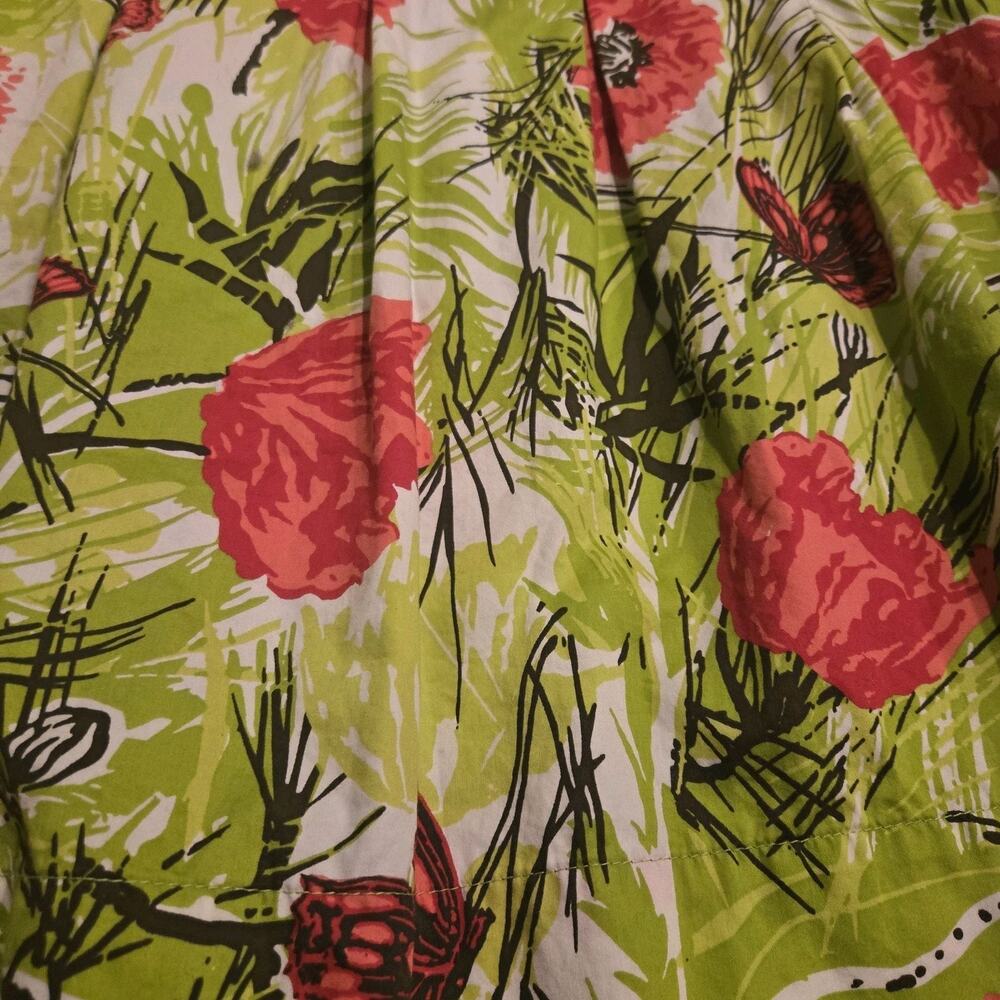 Talbots Poppy Butterfly Floral Green and Red Pleated Cotton Skirt 20 W Modest - Picture 4 of 8